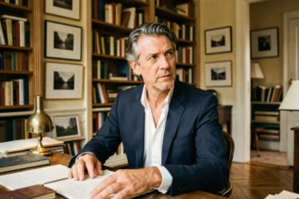 Portrait éditorial d'un homme intellectuel français dans une bibliothèque parisienne, évoquant le parcours de Pierre Haroche