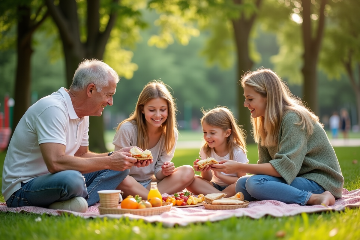 Famille en pique-nique dans un parc ensoleille