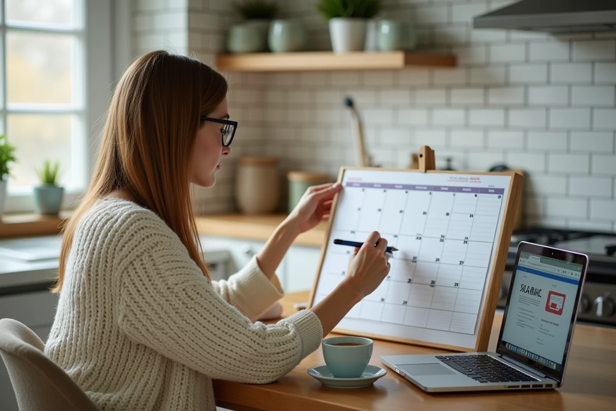 Mère de famille planifiant les dates des vacances scolaires anglaises 2026 sur un calendrier dans une cuisine moderne