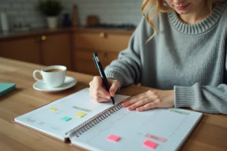 Mère planifiant le calendrier des semaines paires et impaires scolaires dans un agenda papier sur une table en bois