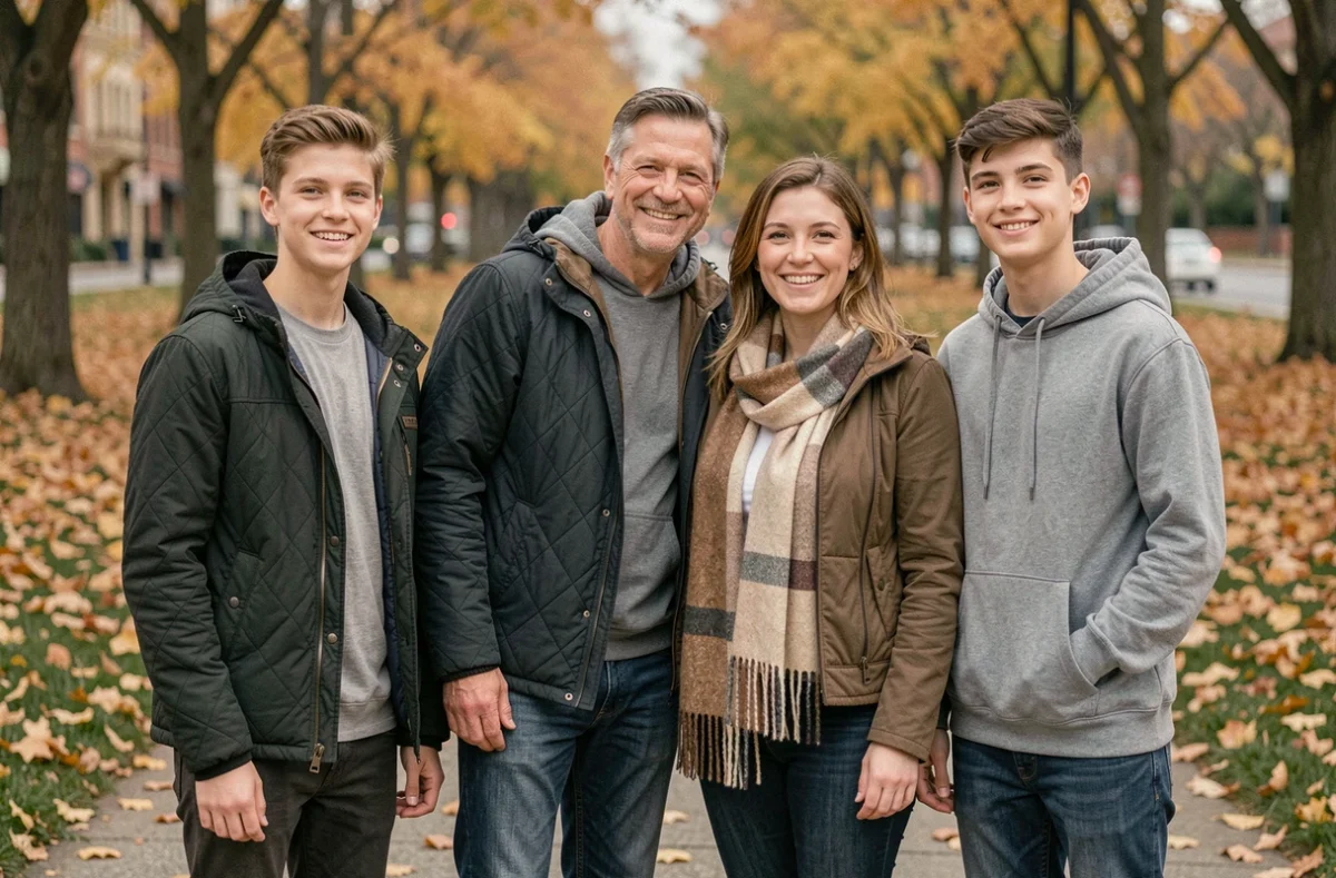 Portrait de famille recomposée dans un parc en automne, illustrant les liens entre enfants biologiques et beaux-enfants dans un contexte bienveillant