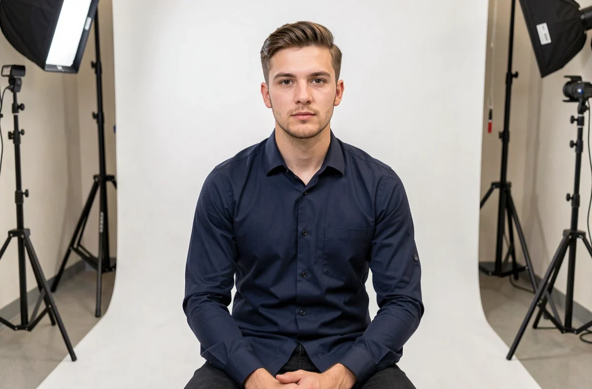 Portrait officiel d'un homme jeune réalisé en séance photo dans un studio Carrefour
