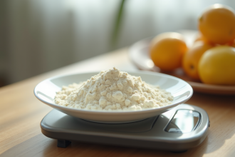Poudre de lait infantile pesée avec précision sur une balance