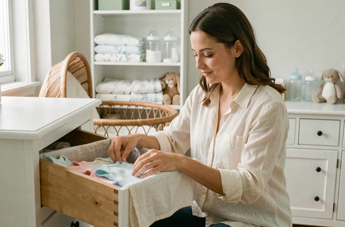 Jeune femme préparant la chambre de bébé en pliant des vêtements newborn et organisant les indispensables de puériculture dans un berceau en rotin