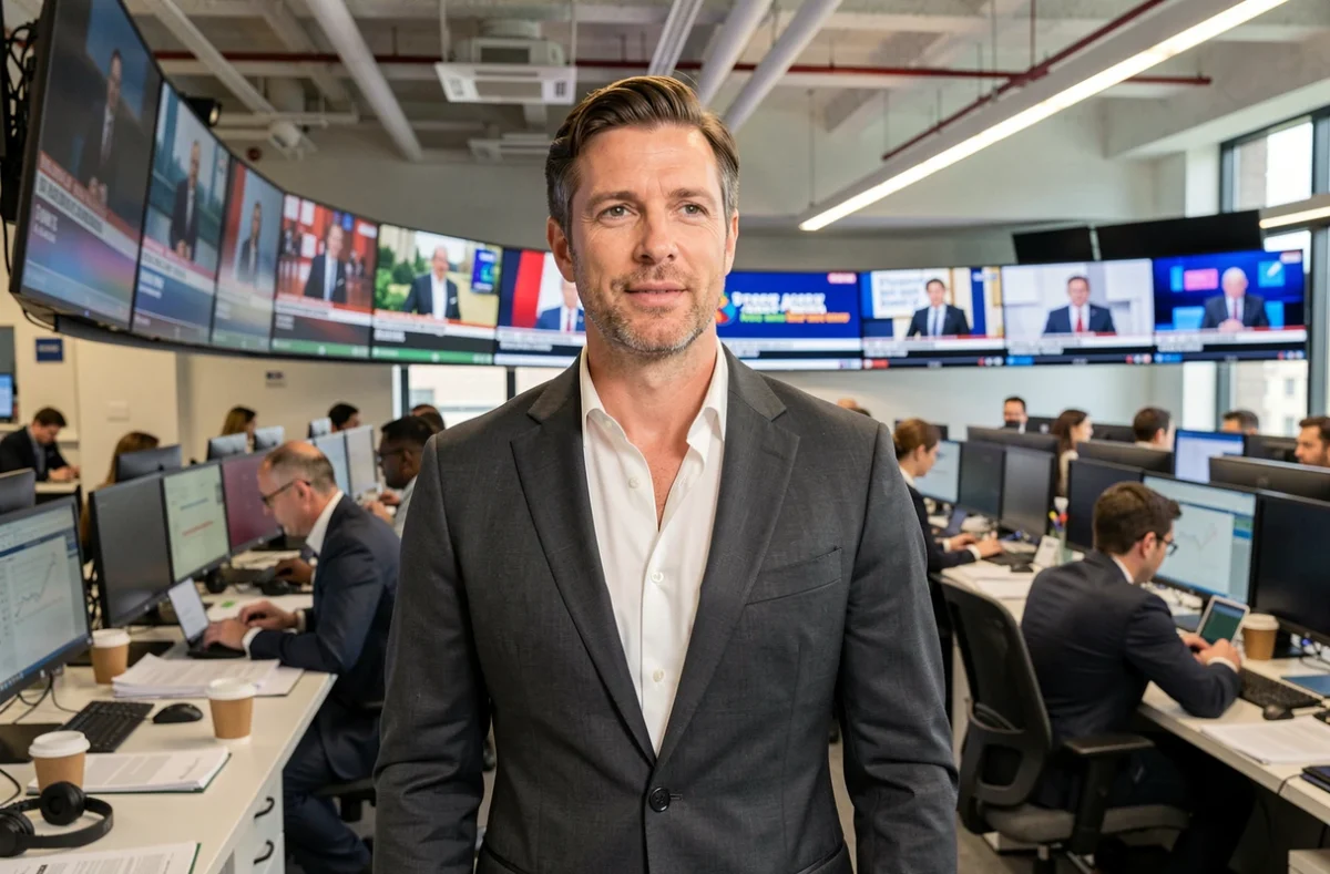 Présentateur de télévision debout dans une rédaction moderne entouré d'écrans d'actualités en direct