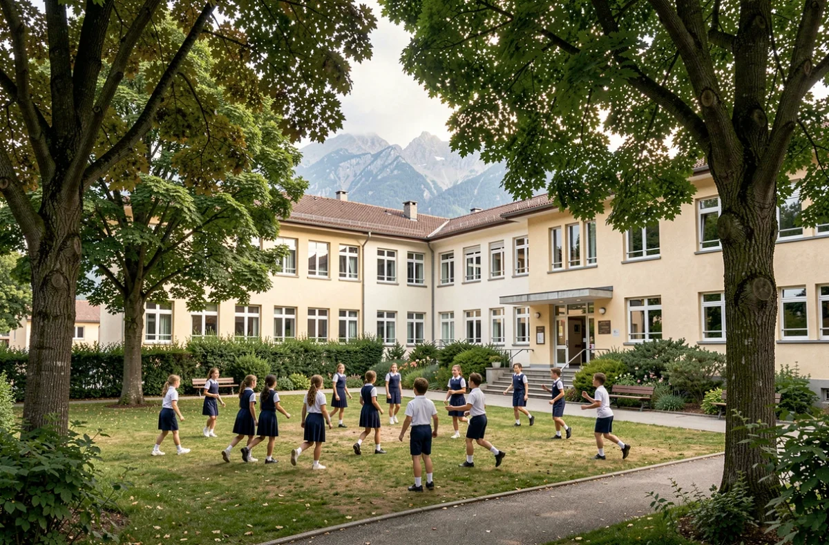 Cour animée de l'école La Présentation de Marie à Saint-Julien-en-Genevois avec élèves en uniforme