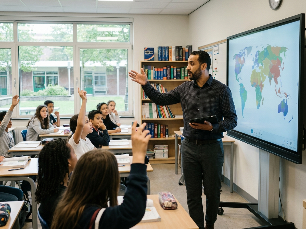 Professeur de langue vivante dynamique utilisant un tableau numérique interactif devant ses élèves de collège