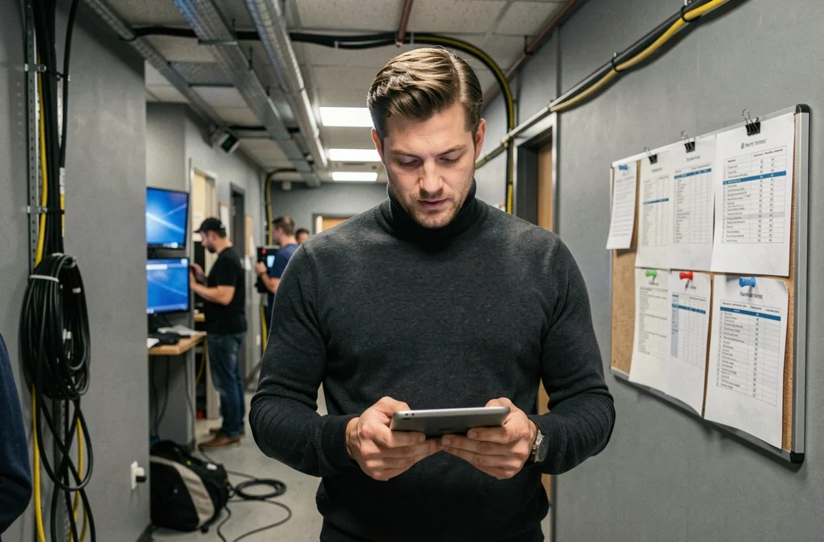 Professionnel des médias télévisés en coulisses d'un plateau de tournage, consultant des notes sur une tablette