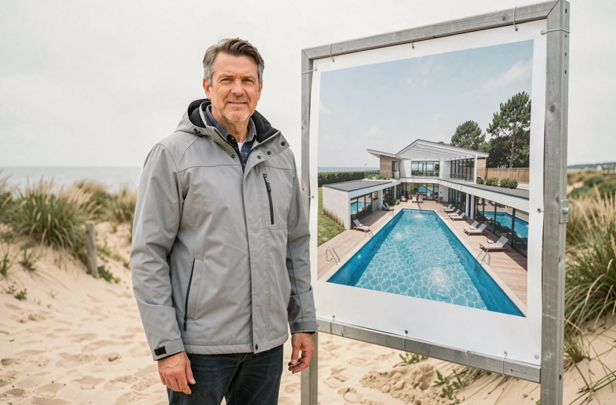 Urbaniste présentant le projet de rénovation du parc aquatique du Touquet devant une maquette architecturale