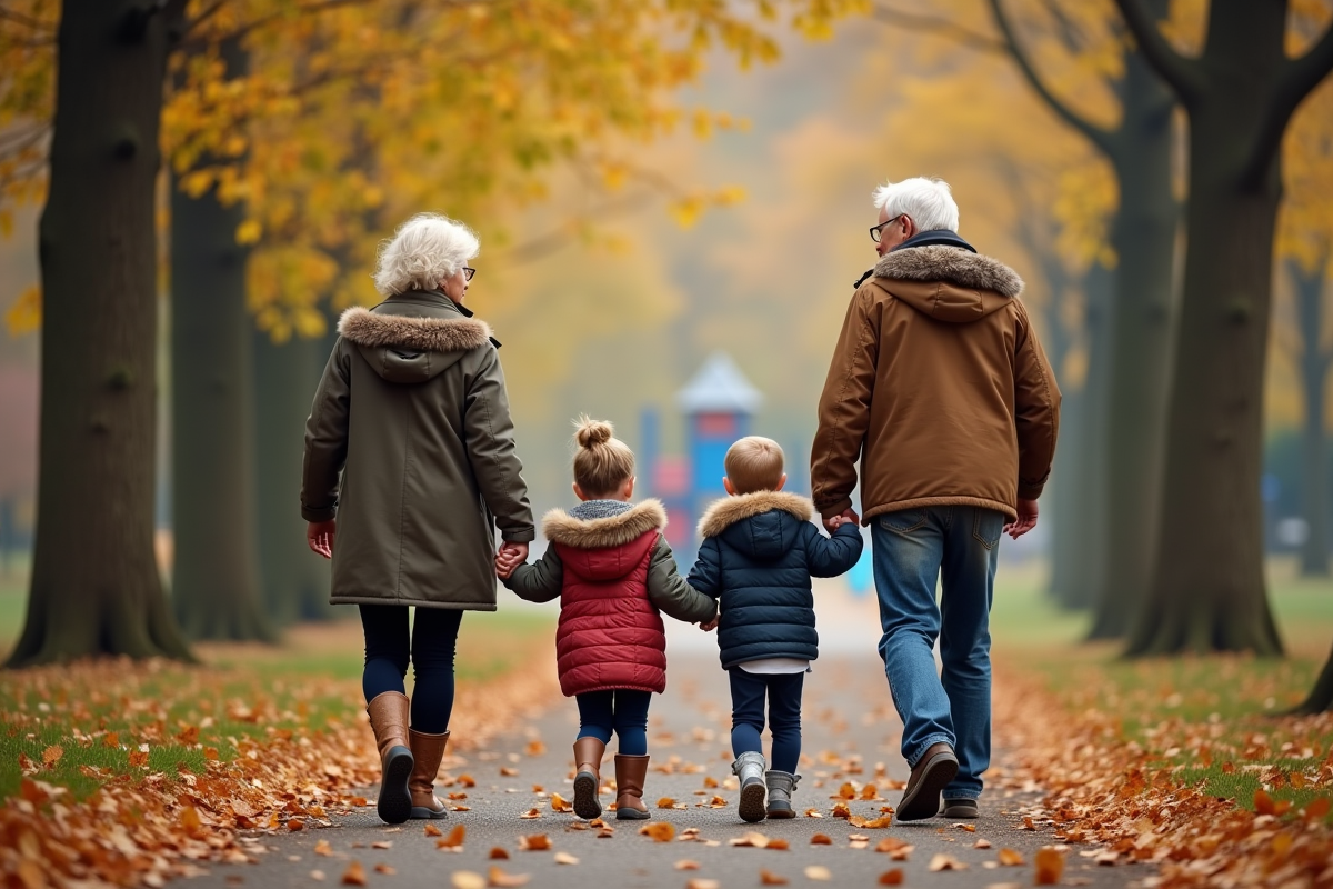 Famille de grands-parents et petits-enfants en promenade automnale