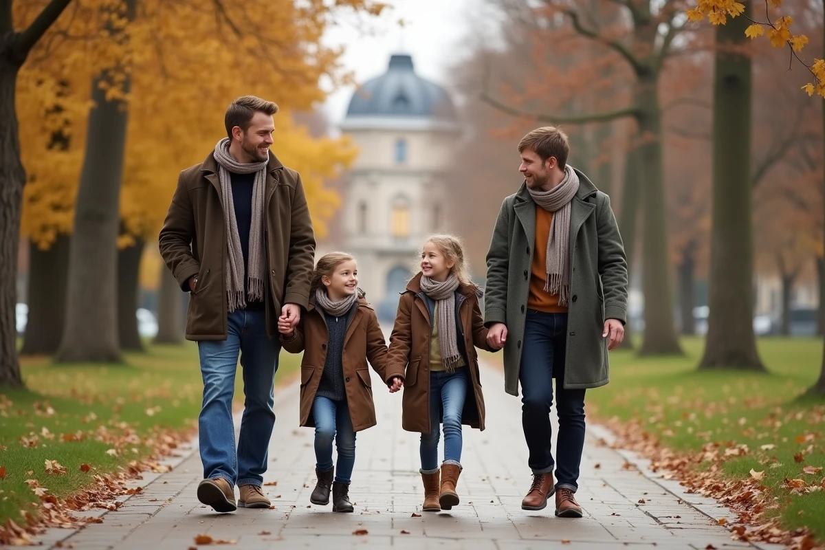 Famille Cassar se promenant dans un parc urbain en automne