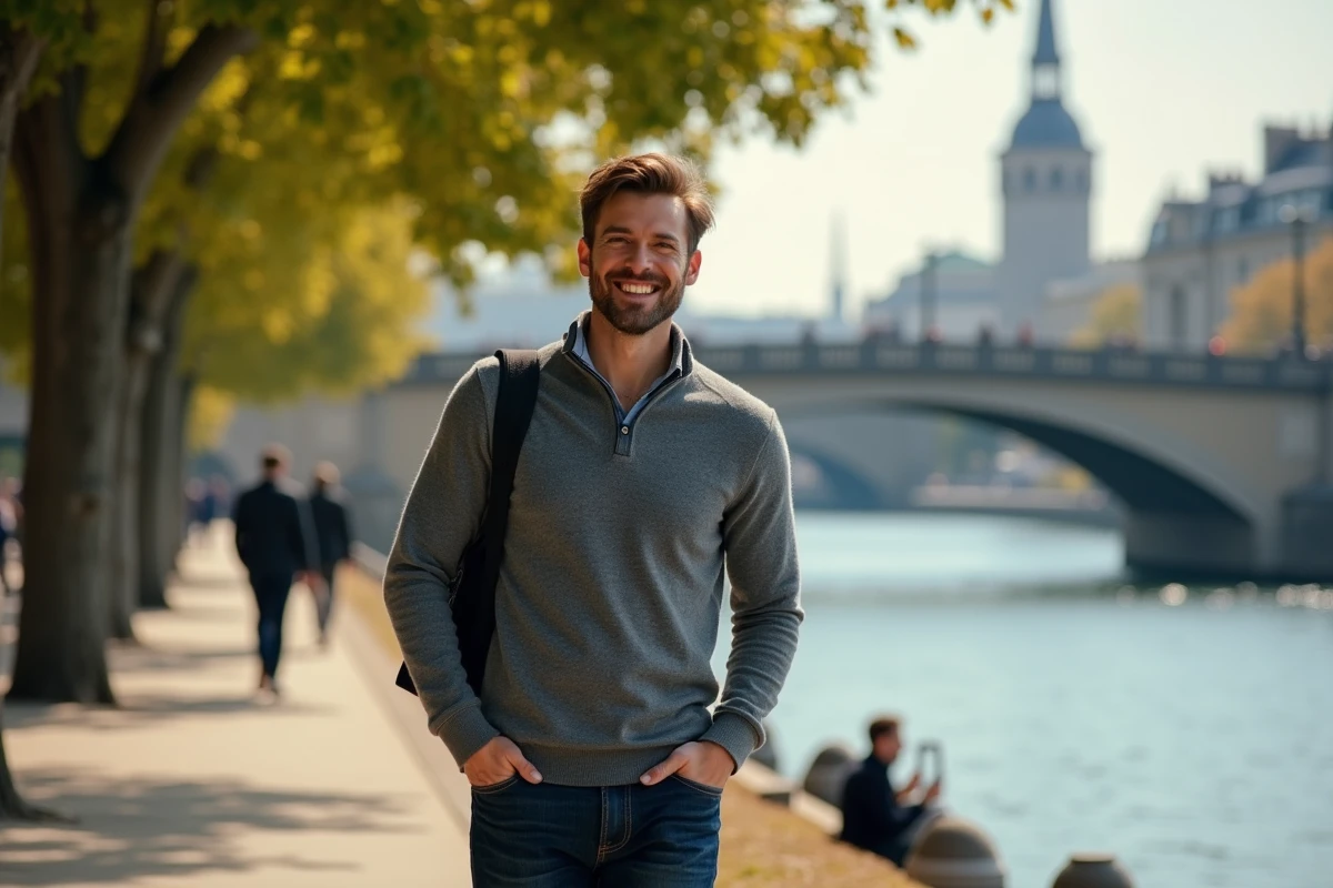 Jeune homme marchant le long de la Seine à Paris