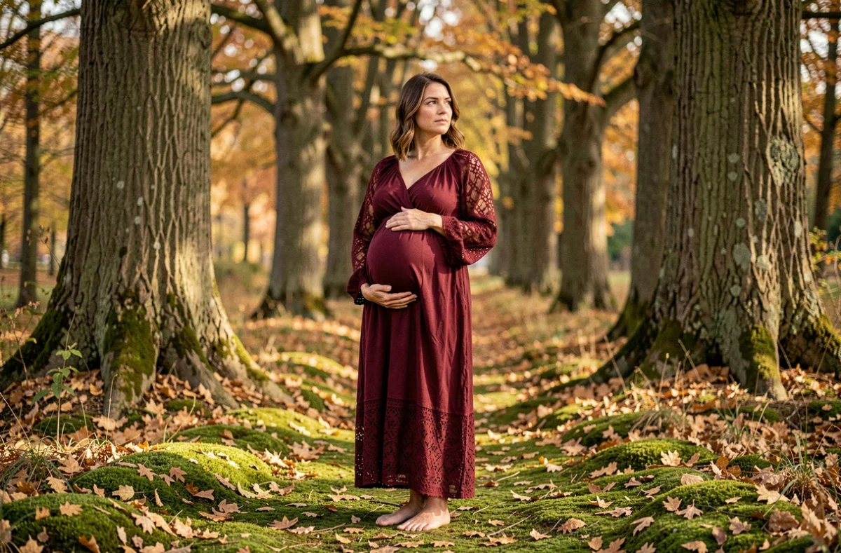 Raphaëlle Fava - séance grossesse en forêt en automne avec une future maman en robe bordeaux