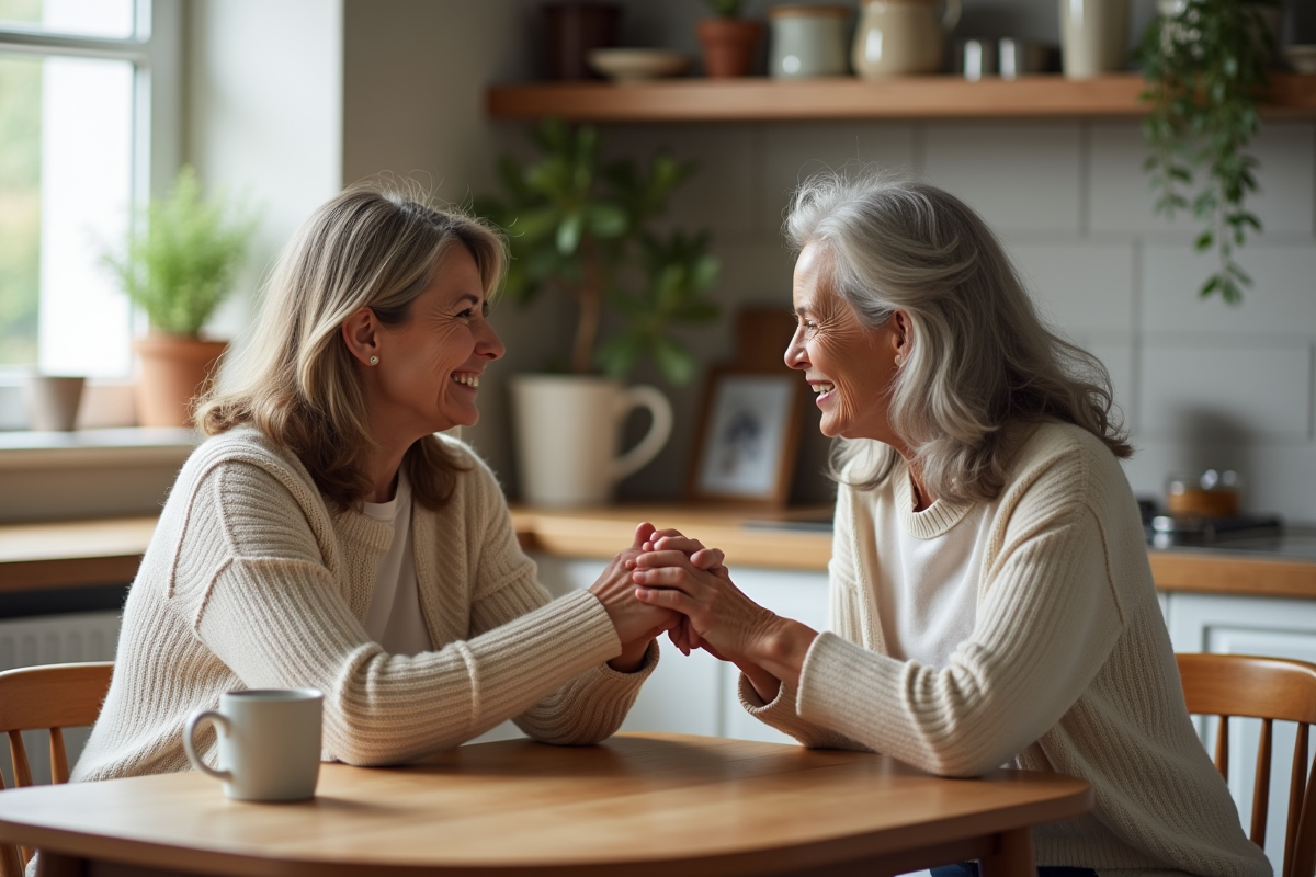 Deux femmes souriantes en cuisine lors d'une réconciliation
