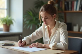 Femme rédigeant un courrier pour congé parental à son bureau à domicile