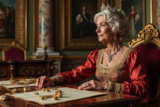 Femme élégante en robe dorée regardant des bijoux royaux