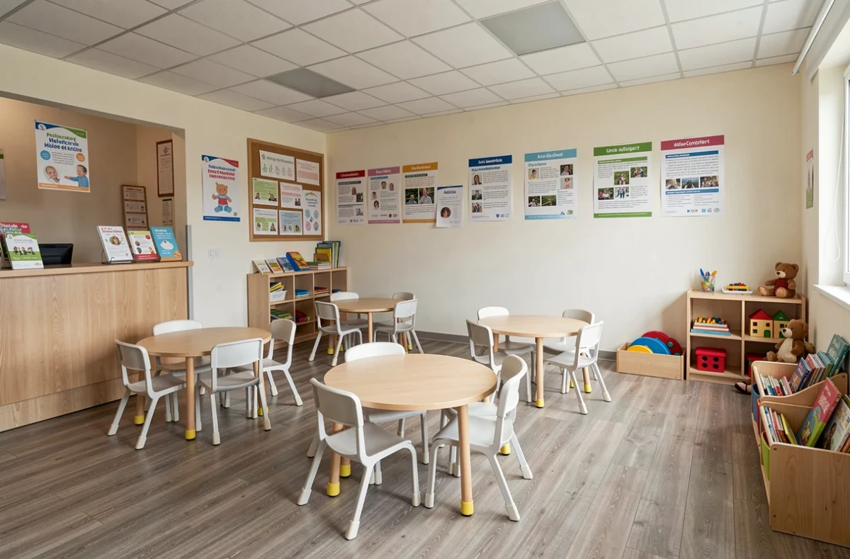Intérieur du Relais Petite Enfance de Longuenée-en-Anjou avec espace d'accueil, documentation et coin jeux pour les familles