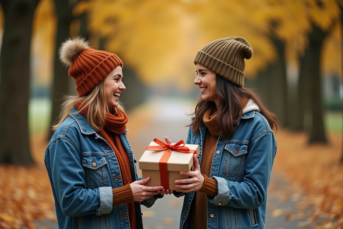 Deux amies dans un parc en automne, l'une remettant discrètement un petit sac cadeau à l'autre pour lui annoncer qu'elle sera sa marraine