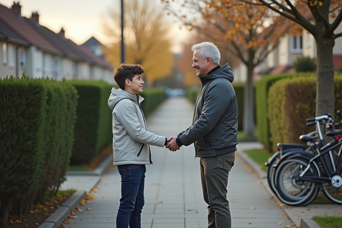 Un homme et un adolescent se serrant la main dans un quartier calme