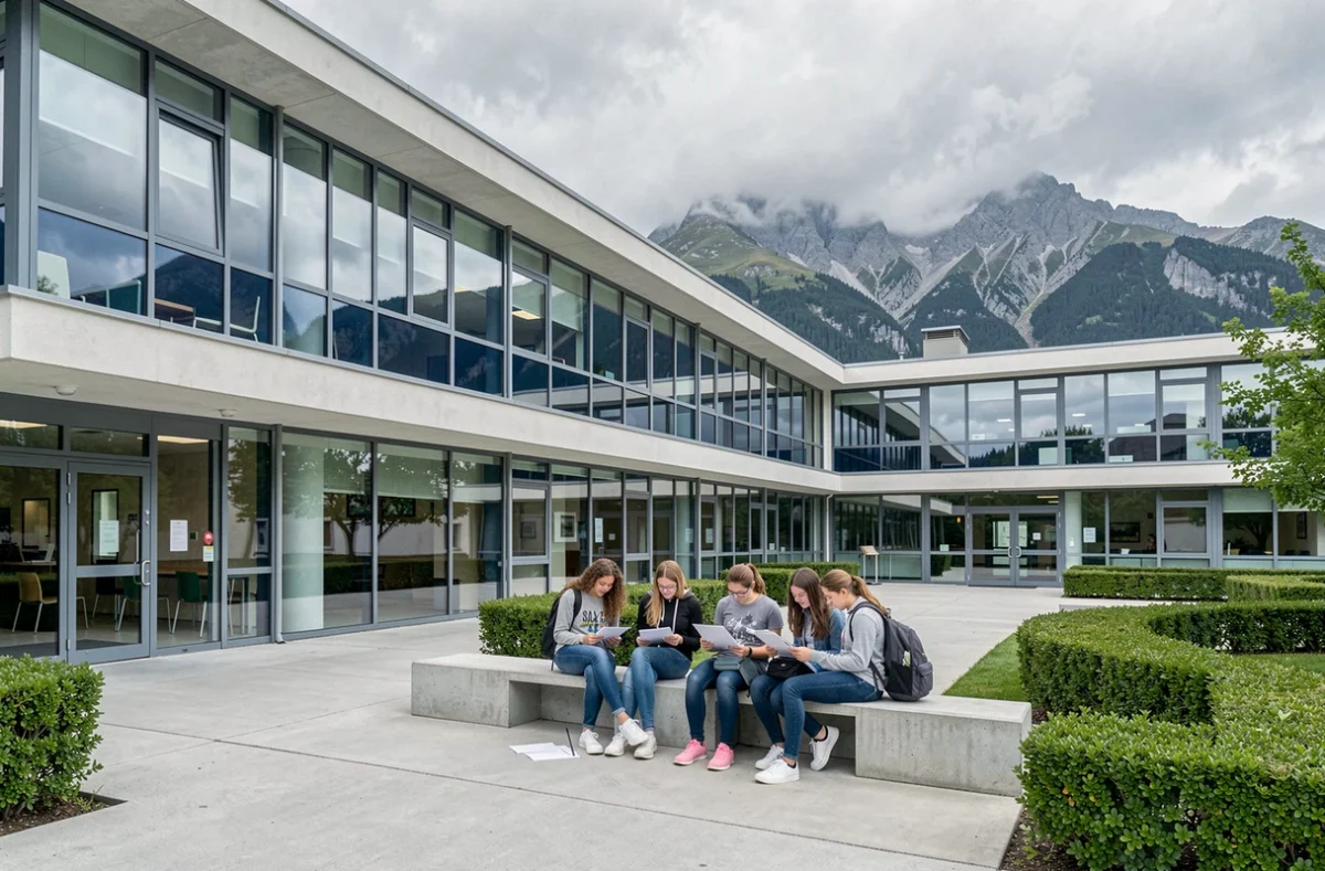 Campus moderne de l'école privée Saint-François à Ville-la-Grand avec des lycéens dans la cour d'entrée
