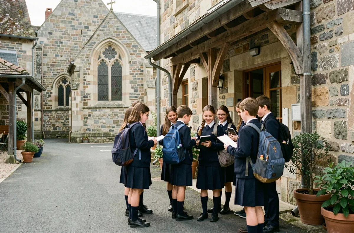 Cour de l'école privée Saint-Jean Bosco à Cluses avec des élèves en uniforme devant la façade en pierre