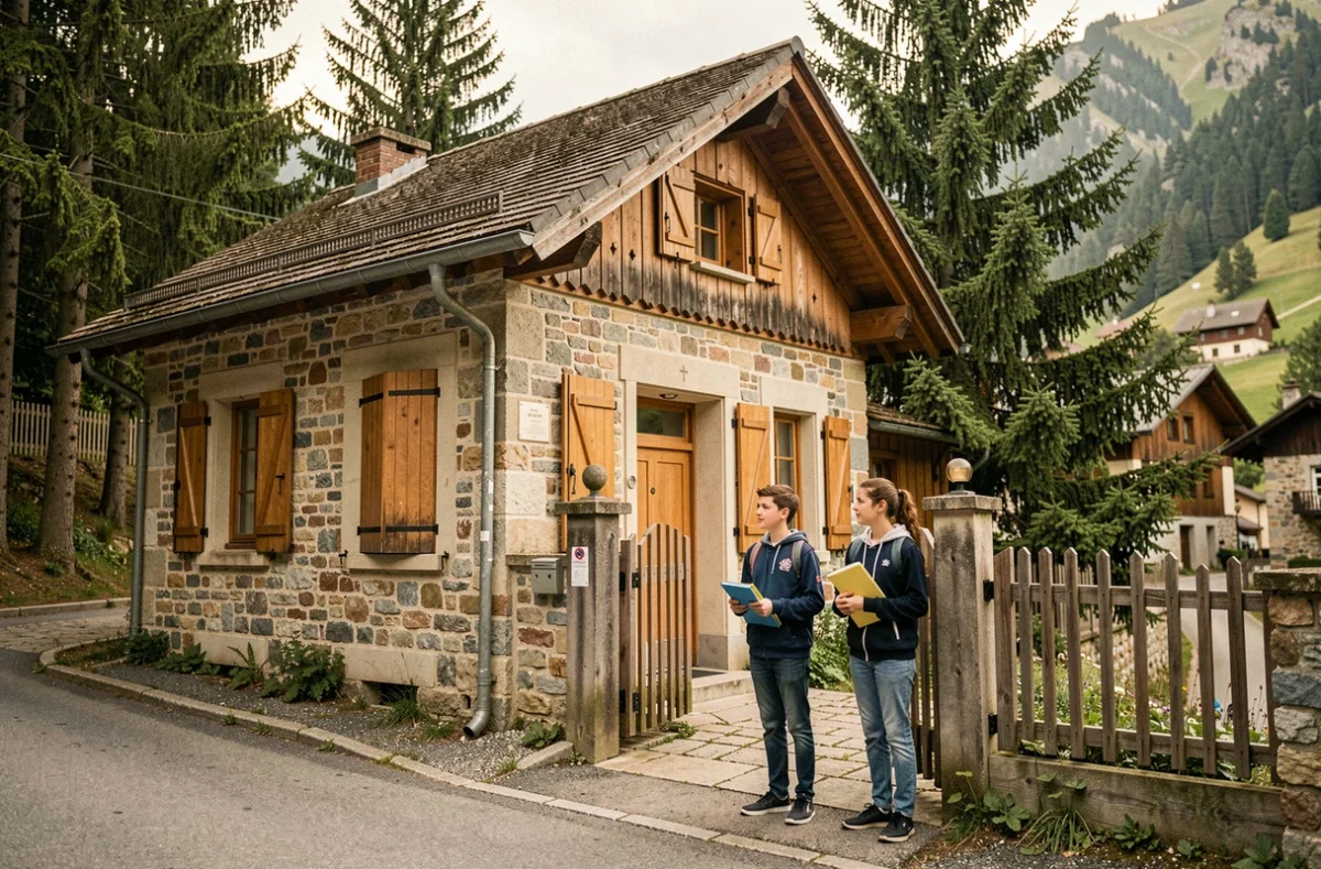 Bâtiment de l'école privée Saint-Joseph à Thônes avec architecture savoyarde traditionnelle et élèves à l'entrée