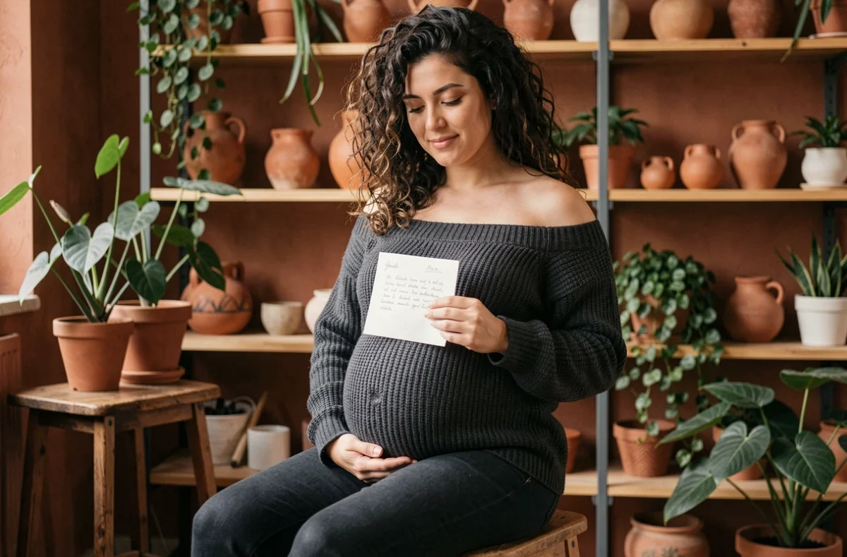 Sarah Steck - portrait de grossesse intime dans un studio chaleureux avec décor naturel et artisanal