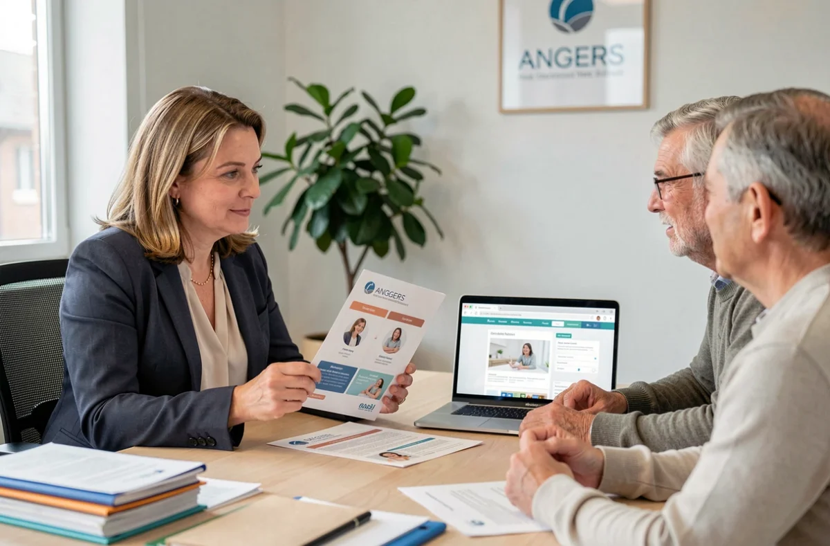 Consultante Schwab prestataire de services à la personne à Angers présentant les options de garde d'enfants à un couple de parents