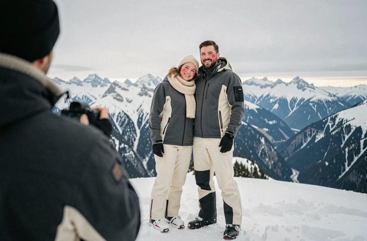 Couple en séance photo professionnelle en montagne enneigée avec panorama alpin hivernal
