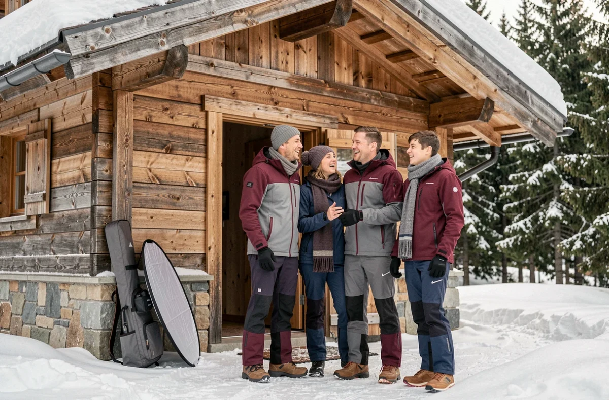 Famille en séance photo hivernale devant un chalet alpin enneigé avec matériel de photographe professionnel