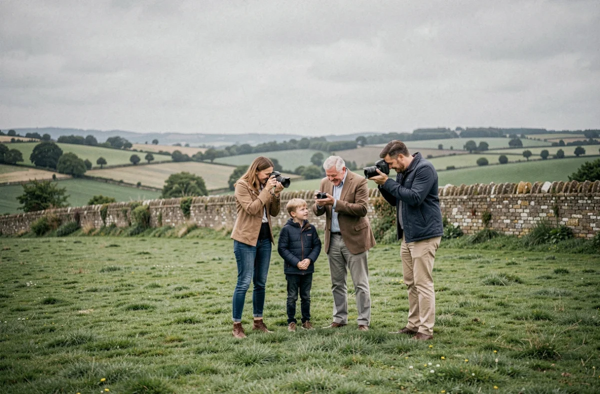 Duo de photographes professionnels réalisant une séance photo de famille dans un parc verdoyant près de Clermont-de-l'Oise