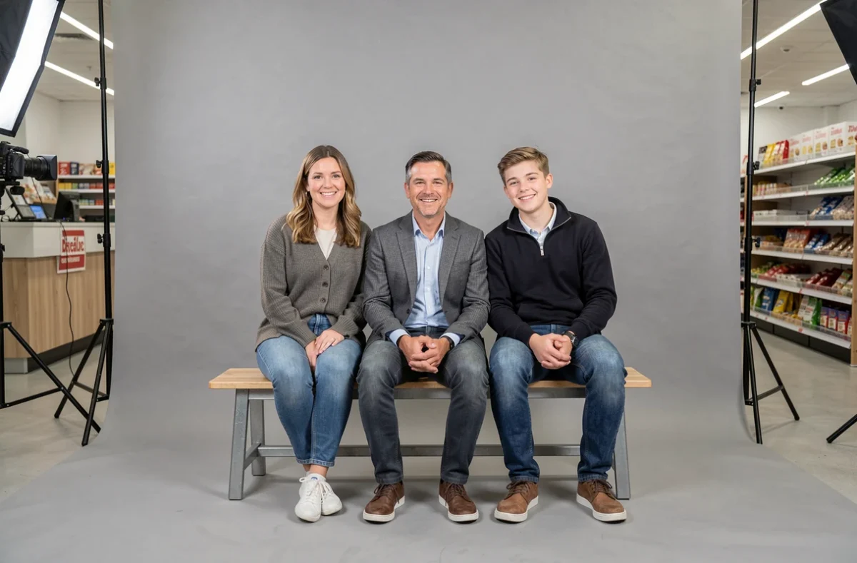 Séance photo de famille dans le studio portrait d'un supermarché Carrefour