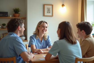 Soignant souriant avec famille dans la cuisine pour l'article