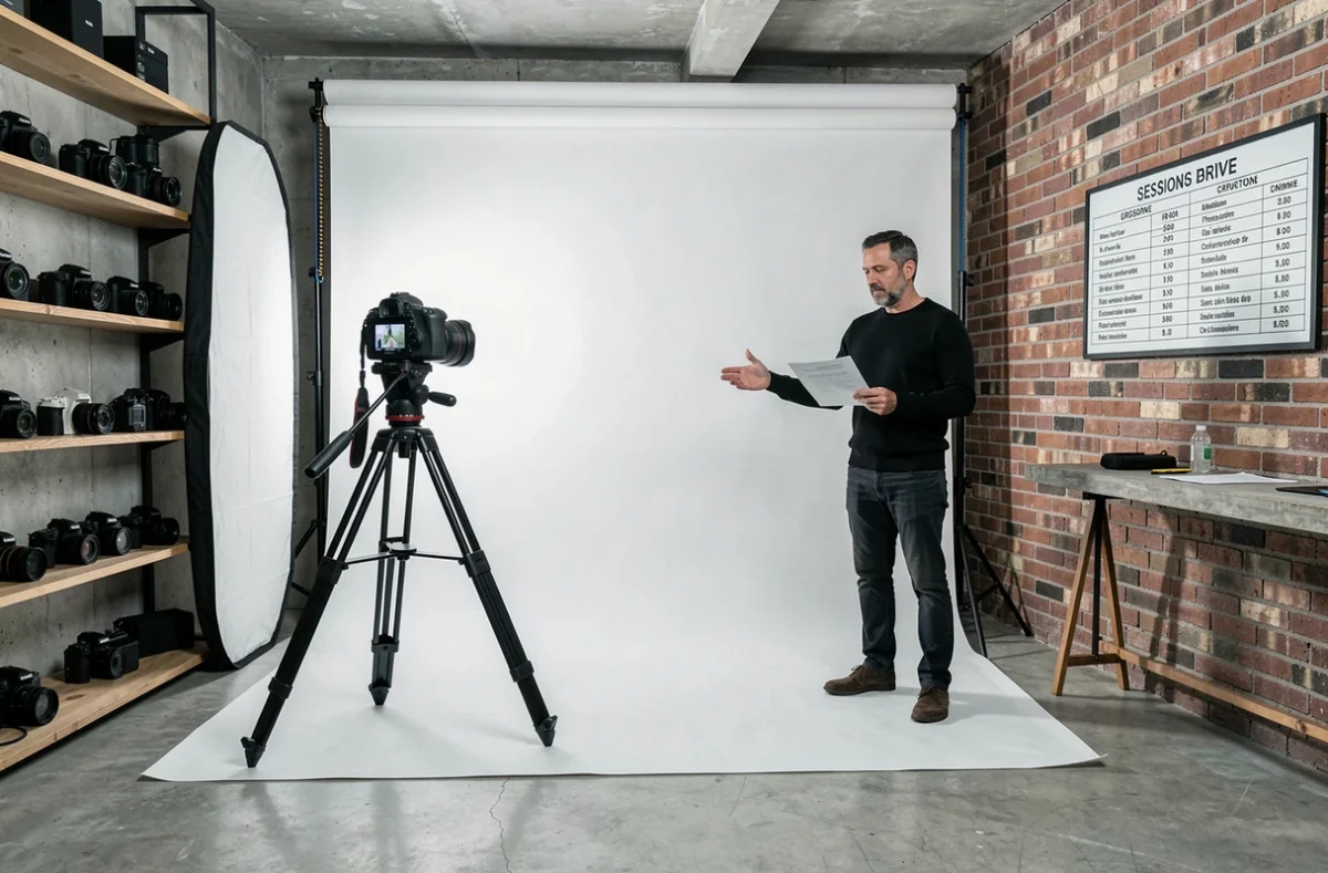 Studio photo professionnel à Brive avec affichage des prix et équipement photographique