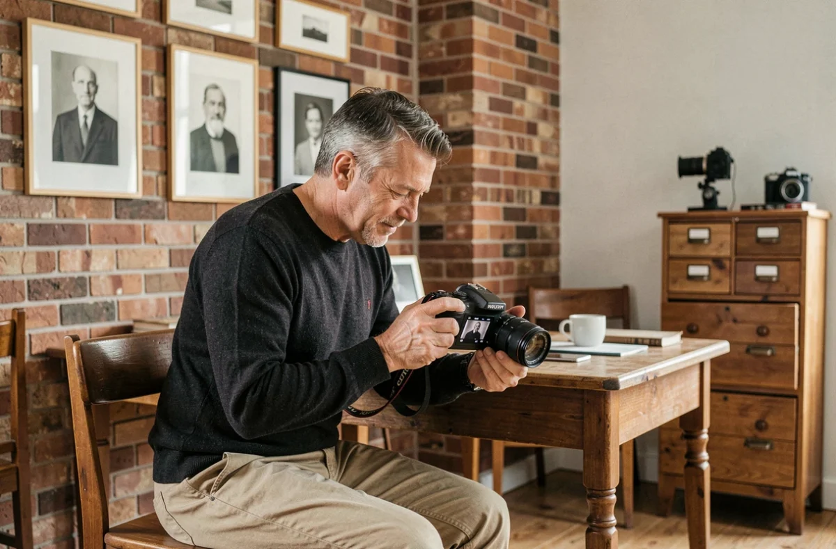 Photographe masculin consultant ses photos dans un studio photo professionnel chaleureux à Clermont-de-l'Oise