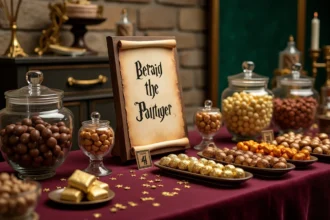 Sweet table Harry Potter décorée avec affiches imprimées, étiquettes parchemin et bocaux de bonbons thématiques sur table en bois sombre