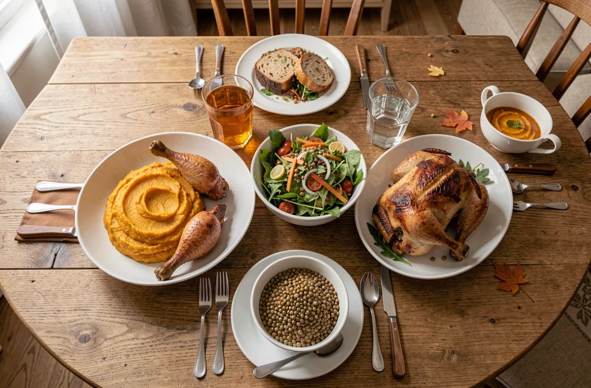 Table familiale dressée avec des plats d'automne pour le menu de la semaine