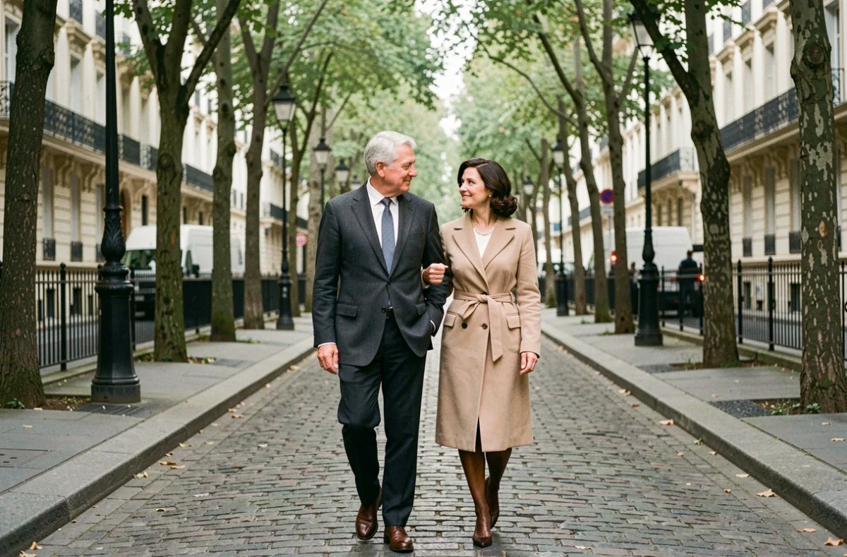 Couple élégant se promenant dans une rue pavée parisienne bordée d'arbres, symbolisant la vie privée et familiale