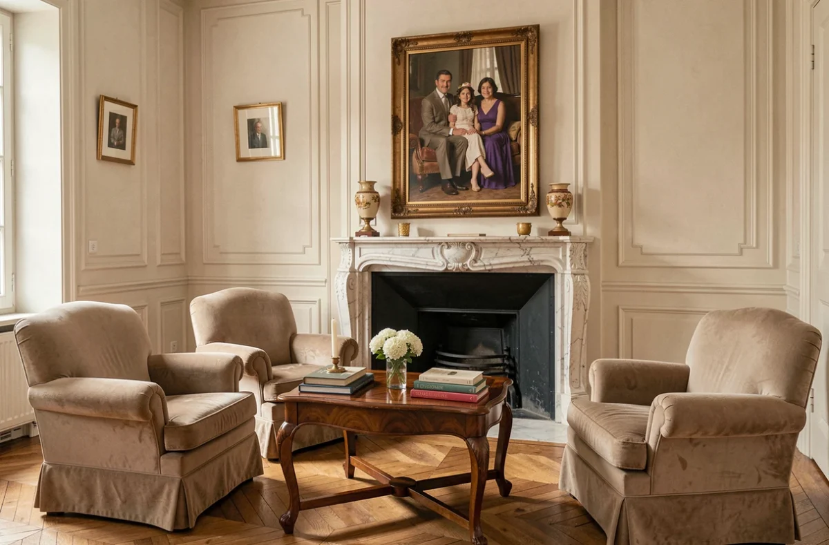 Salon familial élégant avec portrait de famille au-dessus d'une cheminée en marbre dans un appartement parisien classique