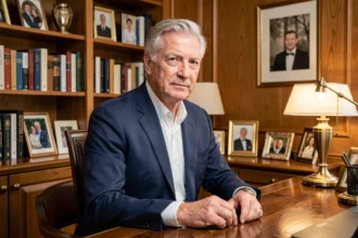 Homme distingué aux cheveux argentés assis dans un bureau privé élégant entouré de photos de famille