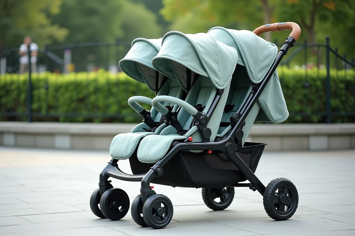 Triple poussette pour assistante maternelle avec trois sièges rembourrés, harnais de sécurité et roues tout-terrain, vue de profil dans un parc urbain