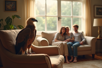 Vautour posé sur un fauteuil dans un salon lumineux